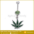 Surgical Steel Green Pot Leaf Enamel Rhinestone Dangle Belly Button Rings Piercing